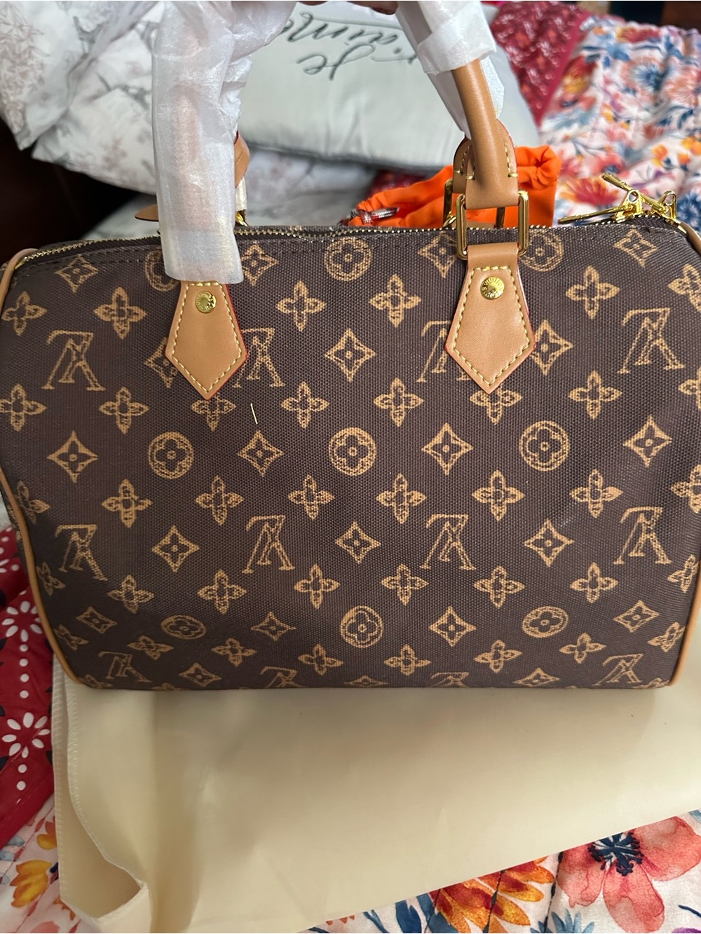 Monogram Satchel Exterior Pocket and Pink Tag - Picture 5 of 9